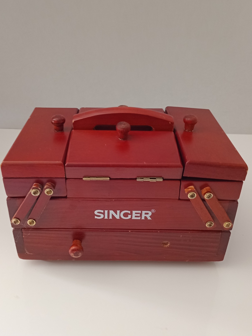 Singer Wooden Accordion Sewing Box Fold Out Organizer w/ Sewing Notions